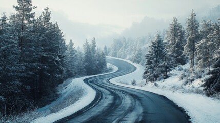 Fototapeta premium Winding Road Through Snowy Forest on a Misty Day
