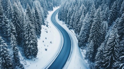 Aerial View of a Winding Road Through a Snow-Covered Forest