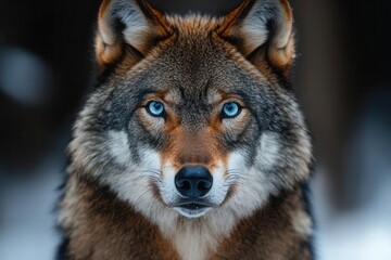 Fototapeta premium majestic closeup portrait of a wolf with piercing blue eyes its fur a blend of rich brown and silvery grey tones against a blurred forest background