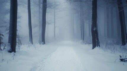 Obraz premium Snowy Path Through a Foggy Winter Forest