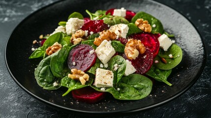 Spinach salad with feta, beetroot, walnuts and onion on black plate