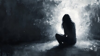 Obraz premium A Solitary Figure Silhouetted Against a Glowing Opening in a Dark Room