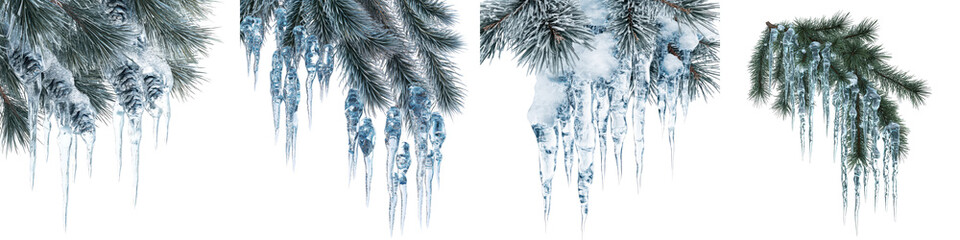 Fototapeta premium Breathtaking winter landscape featuring a serene forest scene with evergreen trees adorned in a captivating display of glistening icicles and snow covered branches