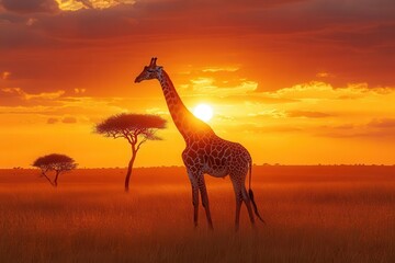 Obraz premium majestic giraffe in golden savanna sunset elongated neck reaching for acacia leaves silhouetted tree warm orange sky african wildlife serenity