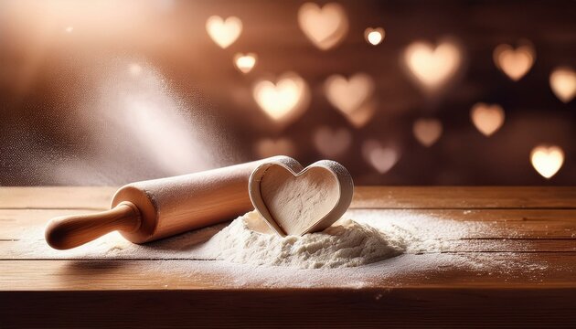 Baking background with the rolling pin, heart shape and flour on the wooden table