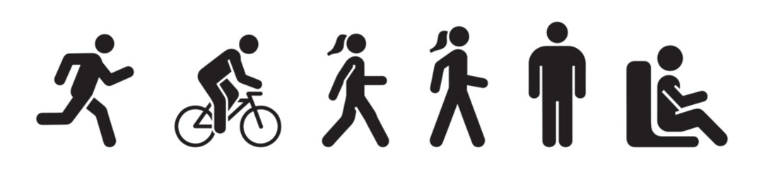 A vector icon set of people in various activities. There's a person running, a person biking, a person walking, a person standing, and a person sitting. The background is white.