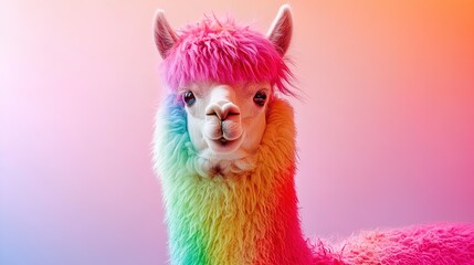 Naklejka premium Vibrant Alpaca Wonderland: A Cheerful Rainbow-Coated Alpaca with Bold Pink Hair Against a Pastel Sky – Perfect for Brightening Up Your Sports Room Poster!