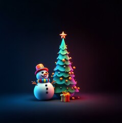 Fototapeta premium A smiling snowman stands beside a decorated Christmas tree with a gift at the base.