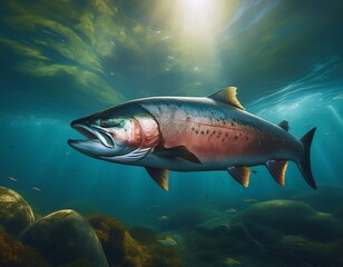 Fototapeta premium Big Chinook salmon, Pacific Salmon in the Ocean-phase