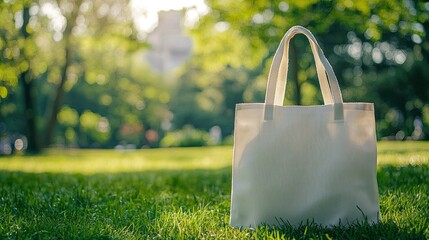 bag on green grass. Selective focus