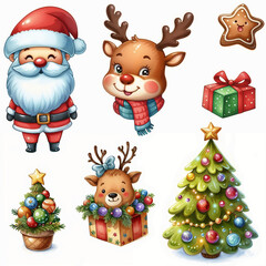 Set of cute cartoon christmas elements on white background. AI