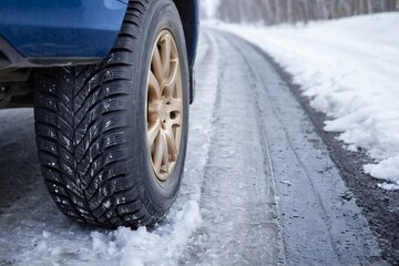 Close-up of car tires on a snowy road with copy space.