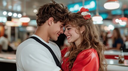 In a lively retro diner, a young couple dressed in vibrant clothes laugh heartily, showcasing an affectionate bond and carefree spirit in a casual environment.