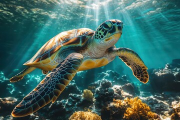 majestic green sea turtle gliding through crystalclear tropical waters vibrant coral reef backdrop shimmering sunlight filtering through underwater photography style