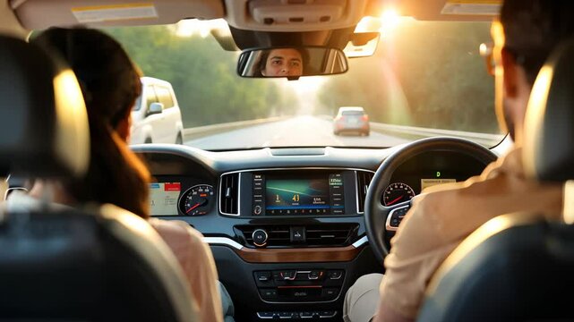 A cozy interior shot of a modern car during sunset, featuring a focused male driver and a female passenger engaged in conversation. warm light creates an inviting atmosphere.