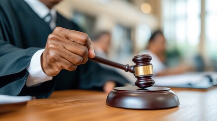 A judge's hand firmly grips the gavel, ready to execute justice in a courtroom setting, signifying the decisive role of judiciary in upholding law and order during legal proceedings.