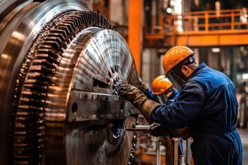 Welder working on a large metal component in a factory setting.