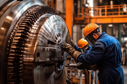 Welder working on a large metal component in a factory setting.