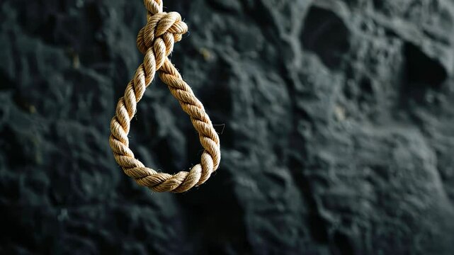 A close-up of a hanging rope noose against a dark textured background, evoking a somber and distressing mood with strong associations to fear and despair.