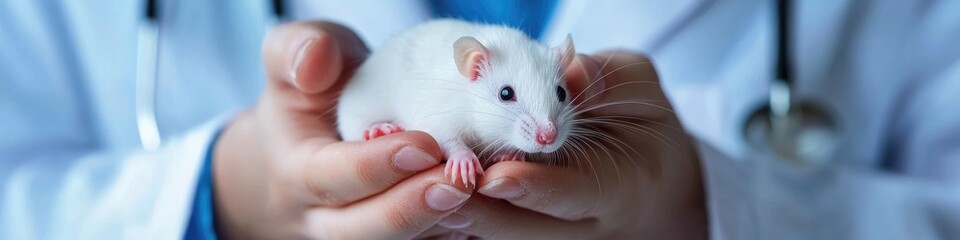 the veterinarian holds a small rat in his hands. Selective focus