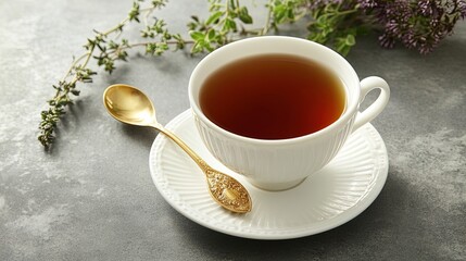 Elegant Vintage Teacup Art: Luxurious Honey-Colored Tea & Golden Spoon on Gray Surface - Perfect Poster for Sophisticated Décor and Tea Lovers