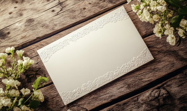 White card with lace border on rustic wood.