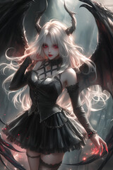 playful female angelic succubus with platinum blonde hair and black wings, standing confidently in a magical forest