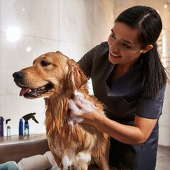  Dog grooming professional bathing golden retriever