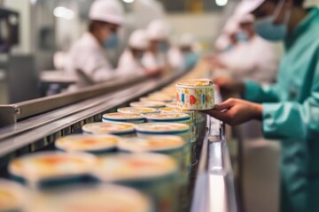 Fototapeta premium Factory Workers Packaging Cylindrical Food Products on Conveyor Belt