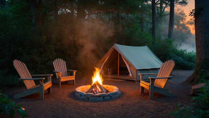 숲속의 캠핑장에서 즐기는 모닥불 
