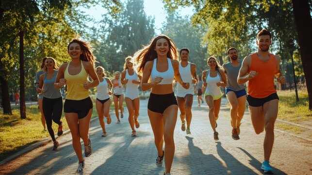 Fit and healthy group works out with trainer in the park.
