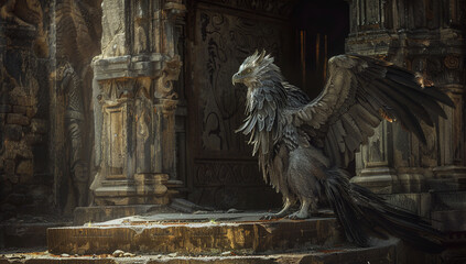 Fototapeta premium A griffin guarding a hidden treasure in a forgotten temple