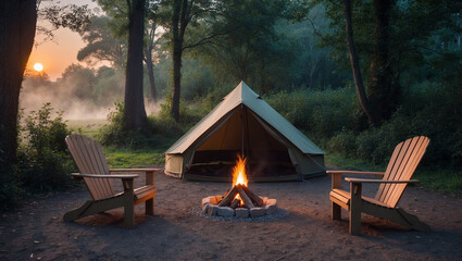 숲속의 캠핑장에서 즐기는 모닥불 