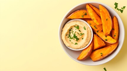 Roasted Sweet Potato Wedges with Creamy Hummus on Pastel Yellow Background