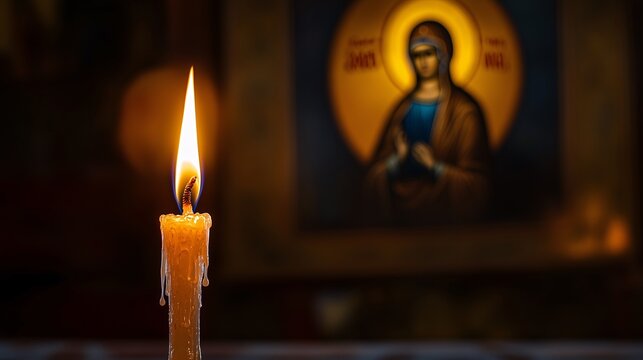 A single candle, lit in front of an icon of the revered Saint Mary and Theotokos, concept of orthodox holidays, prayer, religious sacrament, God's help, prayer to the Virgin Mary