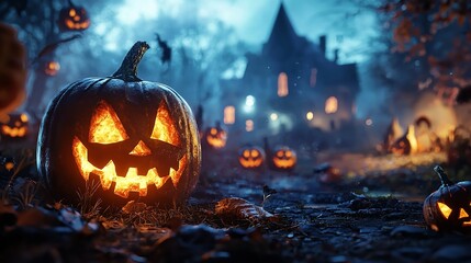 Obraz premium Carved Halloween Pumpkins with Spooky Expressions