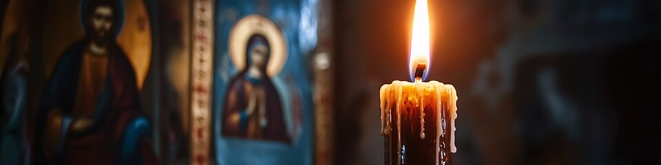 A single candle, lit in front of an icon of the revered Saint Mary and Theotokos, concept of orthodox holidays, prayer, religious sacrament, God's help, prayer to the Virgin Mary © Elena