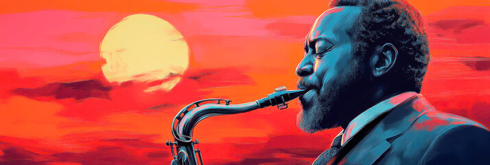 Posters depicting jazz musicians playing against a backdrop of the setting sun. AI generative.