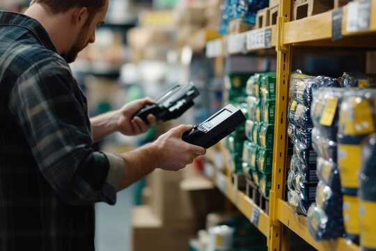 A Worker Using a Handheld Scanner in a Warehouse