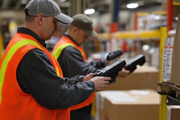 Two Warehouse Workers Scanning Boxes with Handheld Scanners