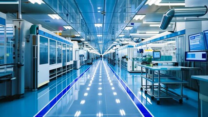 A panoramic view of a modern manufacturing facility features a clean, organized production line with bright lighting, advanced technology, and transparent partitions for effecticiency and innovation.