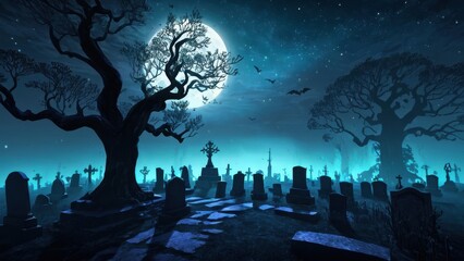 Moonlit cemetery with a cobblestone path leading through tombstones and gnarled trees, illuminated by the cold light of the full moon, evoking a chilling, spectral scene