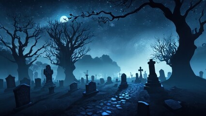 A haunting graveyard under the full moon, with twisted trees and tombstones casting eerie shadows, creating a dark and mysterious atmosphere