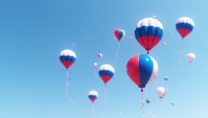 Naklejka premium Balloons in the colors of the Russian tricolor in the blue sky