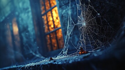 Golden spider web with glistening dew in warm light, perfect for autumn themes, nature concepts, or Halloween backgrounds. Halloween background.