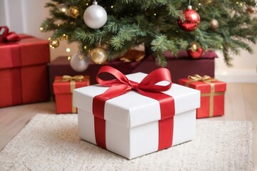 Gift box with a ribbon under a Christmas tree with copy space.