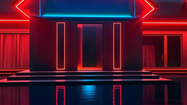A striking digital image of a modern house with a triangular roof, illuminated by vibrant neon lights. Bright red and blue accents enhance its sleek design, ideal for urban living themes.