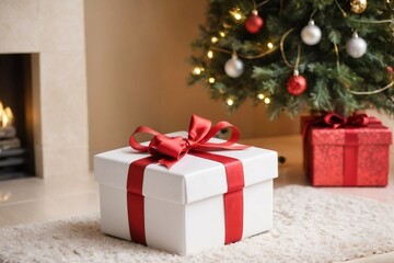 Gift box with a ribbon under a Christmas tree with copy space.