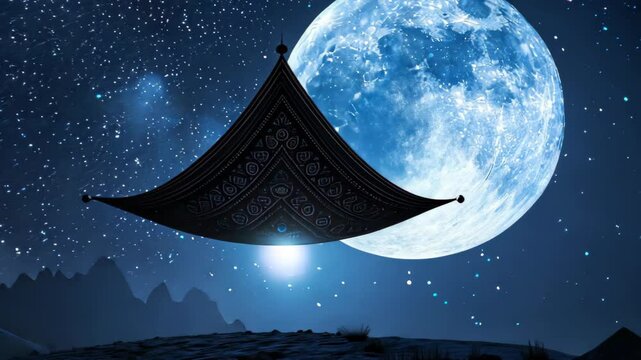 A digital a serene night scene with a radiant moon lighting a tranquil landscape. A patterned magic carpet floats above shadowy mountains under a starry sky, inviting exploration.