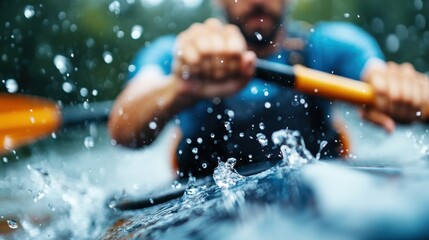 Captured close-up of a person kayaking with a dynamic view of the paddle in action, water splashing vividly around, signifying adventure and excitement on a water expedition.